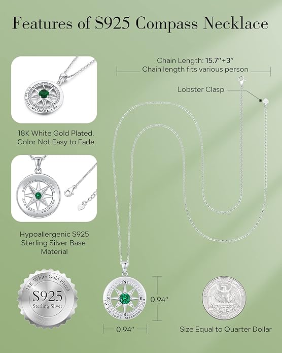 S925 Necklace Gift for Wife |Compass Jewelry |Women Anniversary |Sterling Silver |Girlfriend Birthday Gifts for Her Valentines |I'd be Lost without You |Jewel 18K Gold