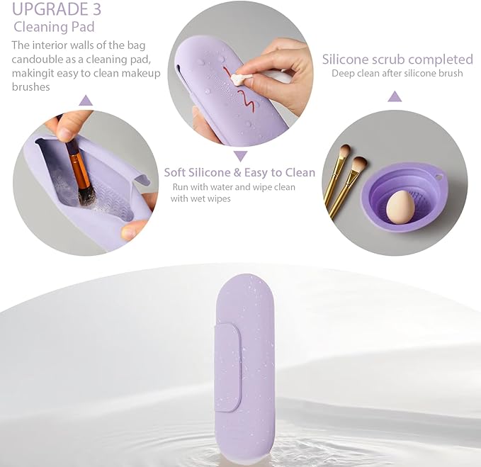 Silicone Makeup Brush Holder Set – Portable Travel Makeup Brush Holder with Makeup Sponge Holder and Foldable Cleaning Bowl – Upgraded 3-in-1 Cosmetic Organizer Set (purple)