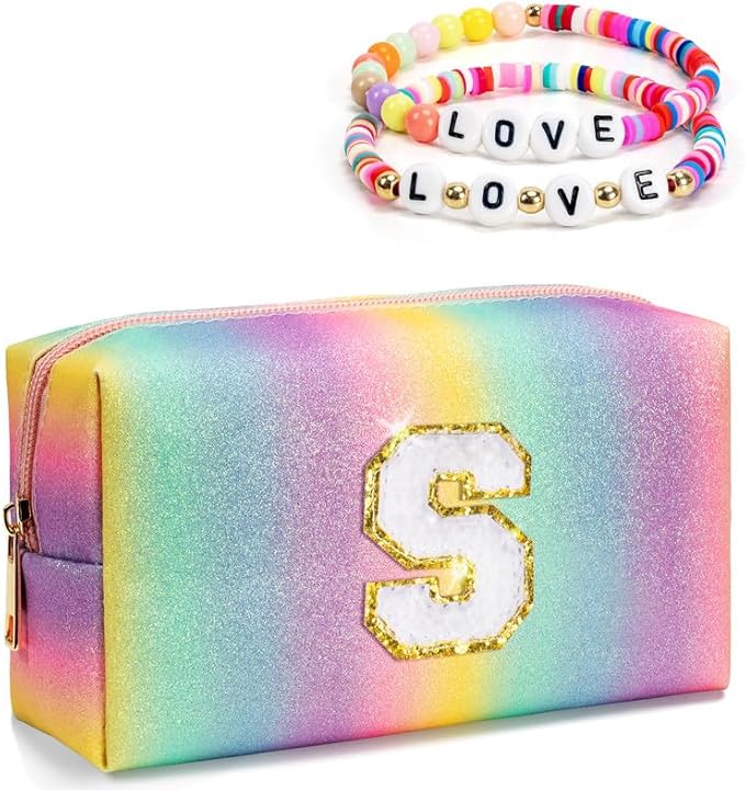 Gifts for Girls, Personalized Makeup Skincare Bag with Zipper, Rainbow Color Chenille Letter Pouch, Girly Toiletry Bag, Cute Trendy Stuff for Granddaughter Daughter Niece (Medium)