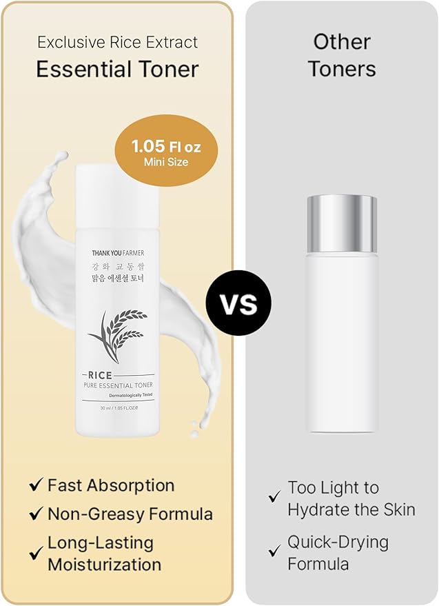 THANKYOU FARMER Rice Pure Essential Toner 1.05 Fl oz (30ml) - Hydrating Milky Toner, Korean Rice Extract, Niacinamide, Dermatologist Tested, Travel Size