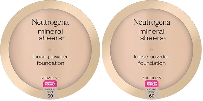 Neutrogena Mineral Sheers Lightweight Loose Powder Makeup Foundation with Vitamins A, C, & E, Sheer to Medium Buildable Coverage, Skin Tone Enhancer, Face Redness Reducer, Natural Beige 60,.19 oz