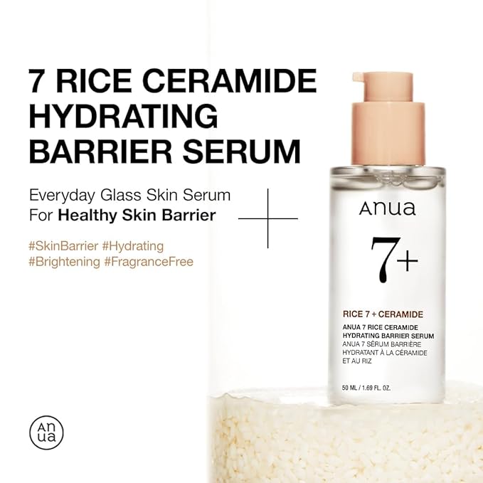ANUA RICE CERAMIDE 7 HYDRATING BARRIER SERUM, Brightening, Hydrating Serum for Face, Rice, Hyaluronic Acid, Niacinamide, Fragrance-free, Non comodogenic, Glass Skin, Korean Skin Care, 50ml/1.69fl.oz.