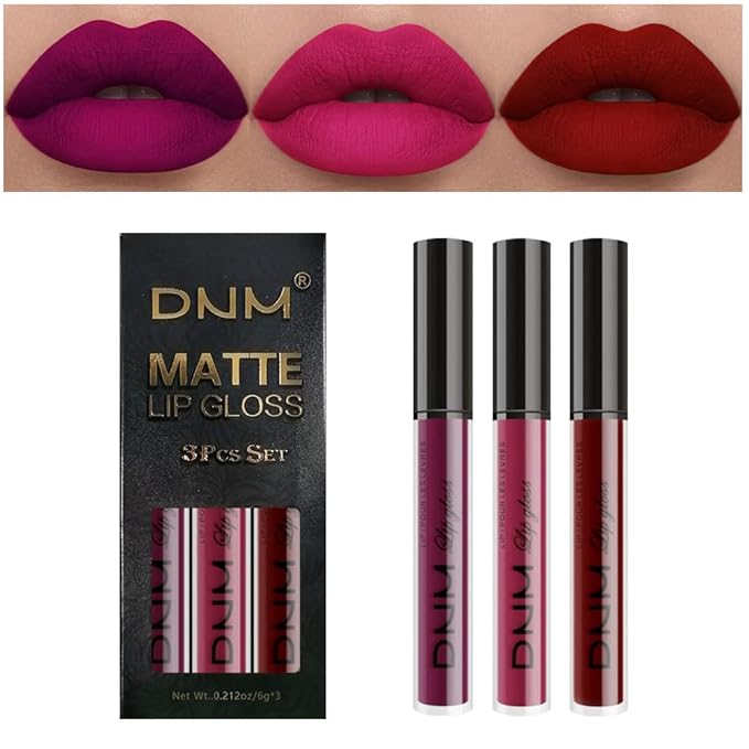 AMY'S DIARY 3Pcs Dark Red Purple Matte Liquid Lipstick Sets, Matte Lipstick Lip Stain Long Lasting 24 Waterproof Lip Gloss Gift Set Matt Lipsticks Set for Women Lippies (Set01)