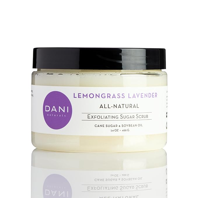DANI Naturals Sugar Scrub - Exfoliating Lemongrass Lavender with organic cane sugar and shea butter gently exfoliates and hydrates, leaving skin smooth and refreshed. 14 oz