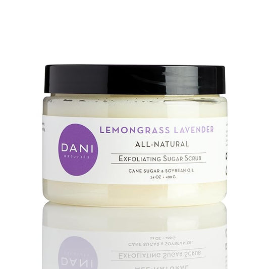 DANI Naturals Sugar Scrub - Exfoliating Lemongrass Lavender with organic cane sugar and shea butter gently exfoliates and hydrates, leaving skin smooth and refreshed. 14 oz