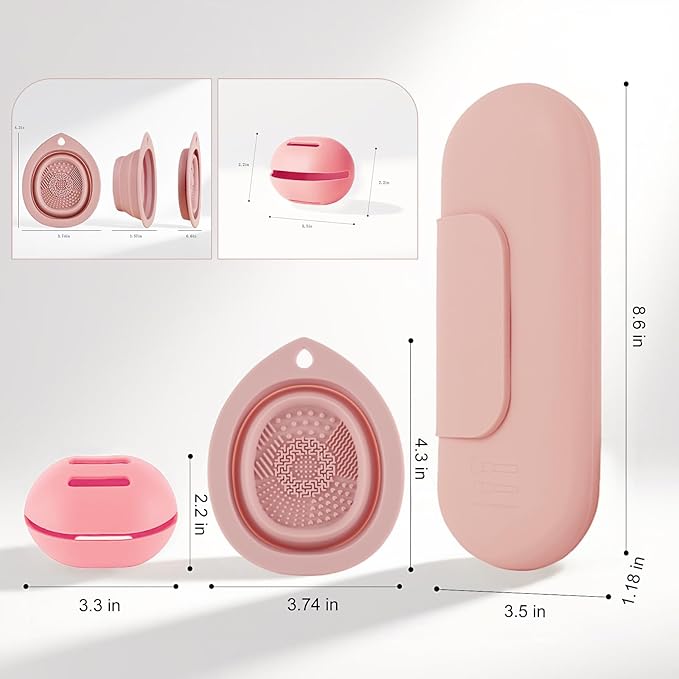 Silicone Makeup Brush Holder Set – Portable Travel Makeup Brush Holder with Makeup Sponge Holder and Foldable Cleaning Bowl – Upgraded 3-in-1 Cosmetic Organizer Set (powdered pink)