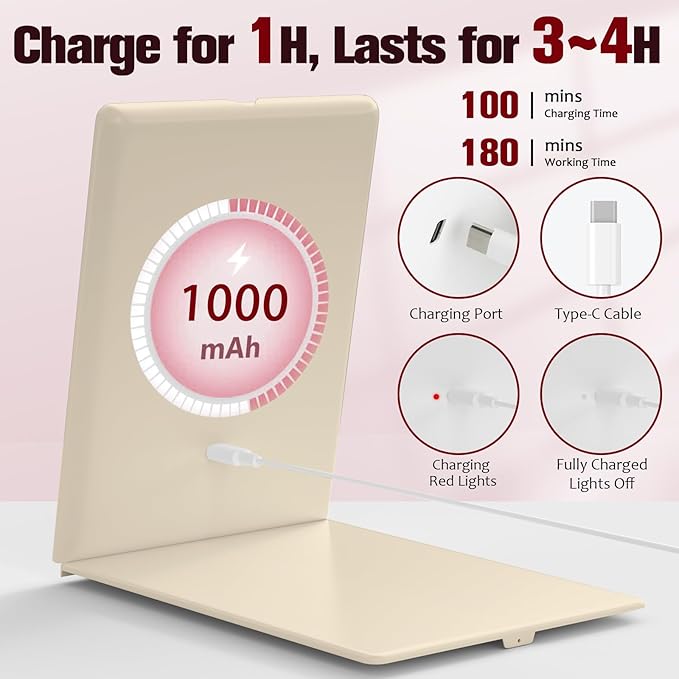 Travel Makeup Mirror with Light, Rechargeable Portable Folding Compact Mirror Set with Tweezer, Lighted Makeup Mirror with 72 LED 3 Color Light Modes, Dimmable Touch Screen LED Mirrors-Cream