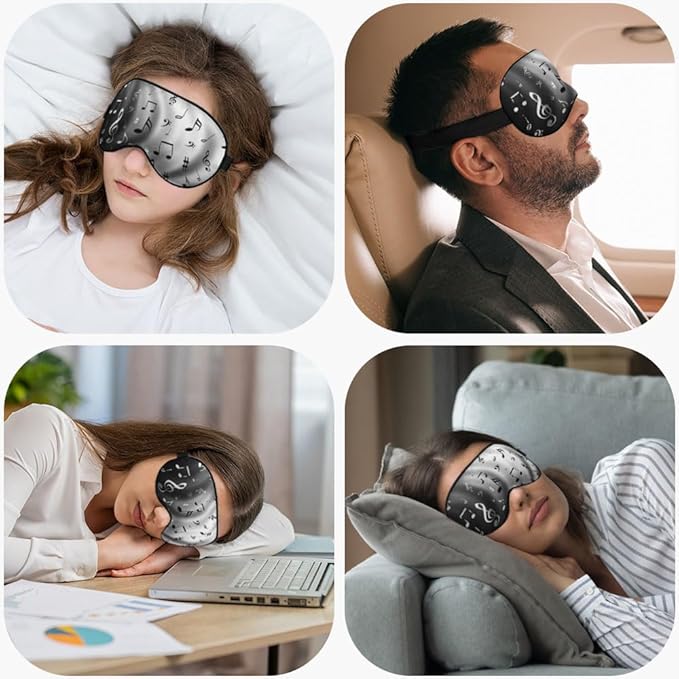 Music Notes Sleep Eye Mask Black White Gray Shadow Silk Eye Mask Sleeping Soft Eye Shade Cover for Men Women Boy Girl Airplane Travel with Elastic Strap