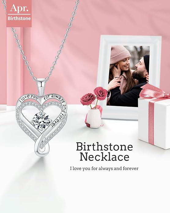 Jewelry for Women Wife Infinity Heart Birthstone I Love You Necklace S925 Anniversary Women Necklaces for Her Wife Birthday Gift Ideas, Birthday Present for Girlfriend Mom Daughter Sterling Silver