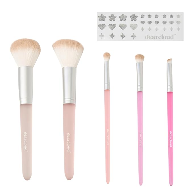 dearcloud Mystic Wonder Makeup Brush Set – 5 Piece Makeup Brushes with Stickers – Eyeshaddow, Angled, Precision, Blush & Powder Brush