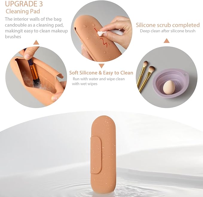 Silicone Makeup Brush Holder Set – Portable Travel Makeup Brush Holder with Makeup Sponge Holder and Foldable Cleaning Bowl – Upgraded 3-in-1 Cosmetic Organizer Set (coffee color)