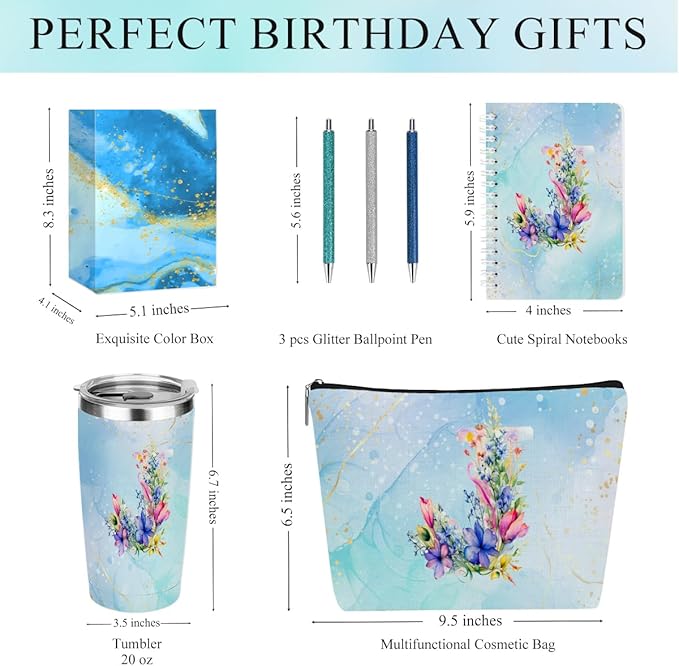 Personalized Gifts Monogrammed Birthday Gifts for Women, Maid of Honor Bachelorette Wedding Christmas Initial 20 oz Tumbler, Makeup Bag Cup Pens Journal Notebook 6 Set, (Aesthetic Blue Flower J)
