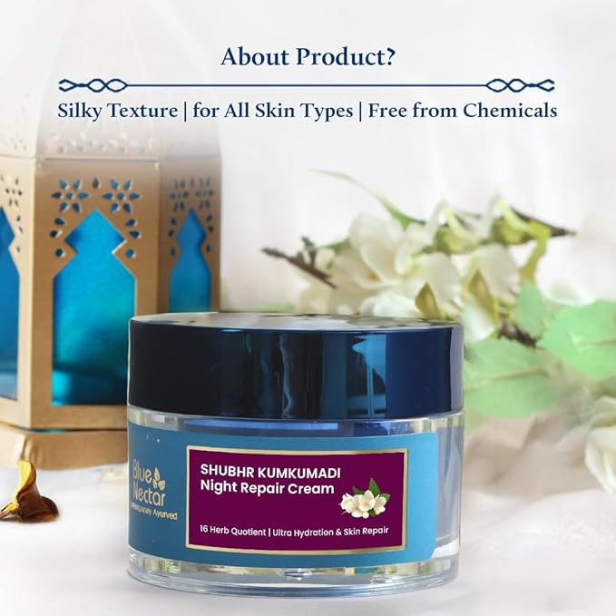Blue Nectar Kumkumadi Night Cream Face Moisturizer for Women with Natural Almond & Saffron | Hydrating Moisturizer Face Cream for Night Time (16 Herbs, 1.7 Oz)