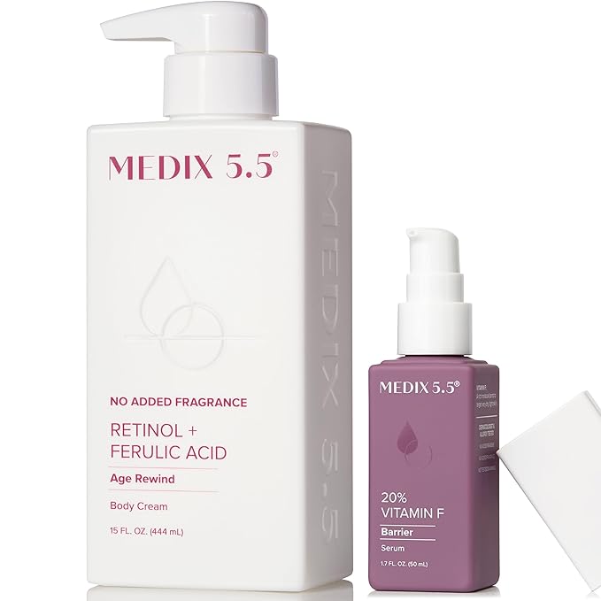 MEDIX Retinol Body Lotion + 20% Vitamin F Serum Booster Moisturizer 2PC Skin Care Set | Crepey Skin Care Treatment | Retinol Body Cream Targets Appearance Of Sagging Crepe Skin & Wrinkles, 2PC Set