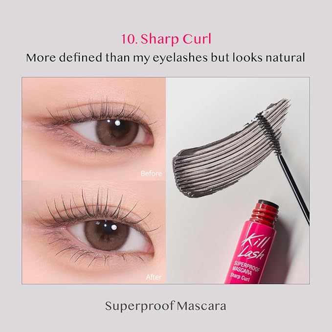 CLIO Kill Lash Superproof Mascara, Waterproof Mascara Black, Lifting Defined Natural Eyelash, Volumizing, Long-Lasting, Clump & Smudge-Free, for Sensitive Eyes, Korean Makeup Beauty (010 Sharp Curl)