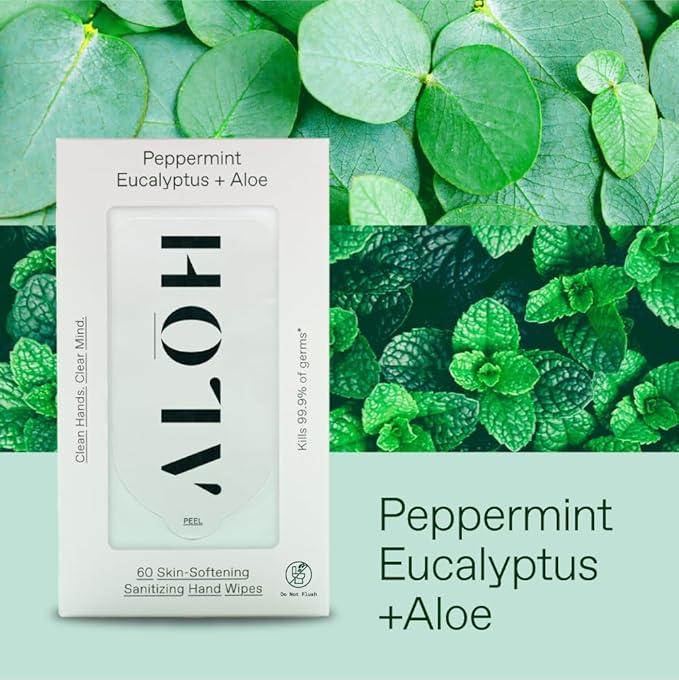 ALŌH Peppermint Eucalyptus + Aloe Sanitizing Hand Wipes - Clean Hands, Clear Mind On The Go Sanitizer for Kids and Adults - Travel Size 3 Pack 20ct Wipes (60 Wipes)