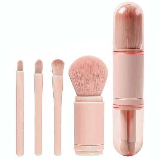 Vtrem Makeup Brushes Set Portable - 4 in 1 Travel Powder Brush, Lip Brush, Eyeshadow Brush, Highlight Brush, Foundation Blending Powder Brushes Retractable Make Up Brushes Set, Pink