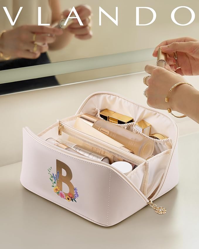 Vlando Mothers Day Gift for Mom,Graduation Gifts Personalized Makeup Organizer Cosmetic Bag,Travel Essential Birthday Gifts for Friends Daughter(Letter B)