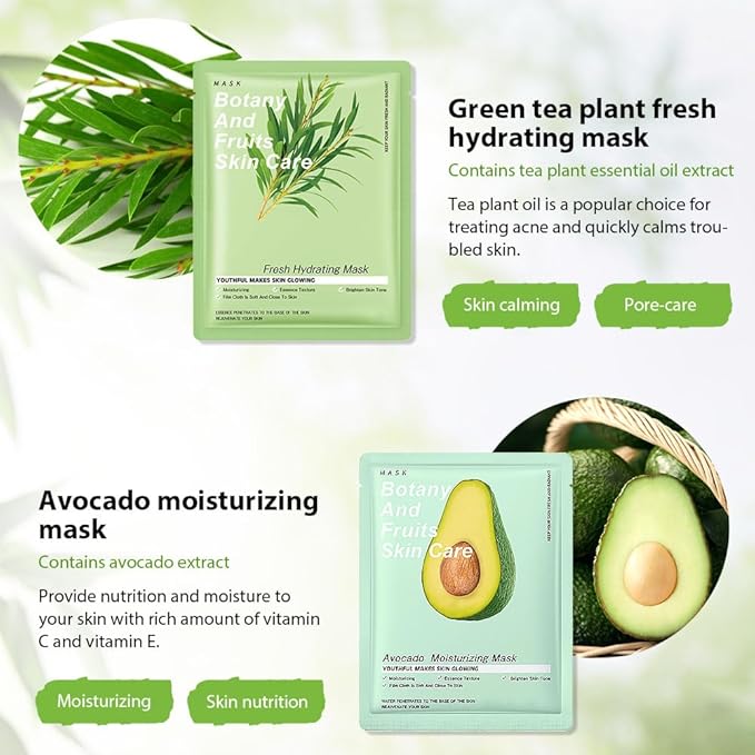 6 PCS Real Hydrating Avocado Honey Orange Aloe Vera Nature Face Masks Skincare, Hyaluronic Acid, Vitamin C and E, Chamomile, Korean Beauty Essence Facial Paper Sheet Mask for Skin Care Moisturizing