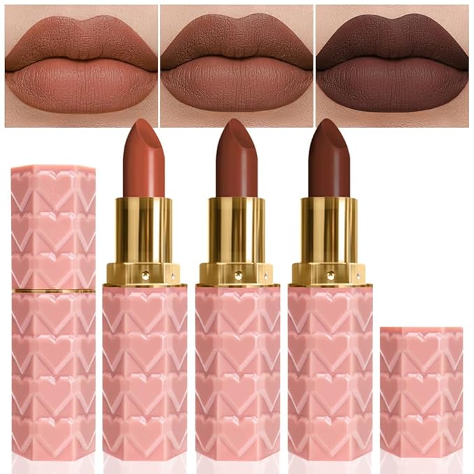 evpct 3Pcs Dark Deep Orange Brown Coffee Nude Matte Lipstick Sets for Women 24 Hour Matt Matte Lipstick Long Lasting Waterproof and Smudge Proof Fall Color Lipstick Shades Dark Brown Lip Liner Set 02