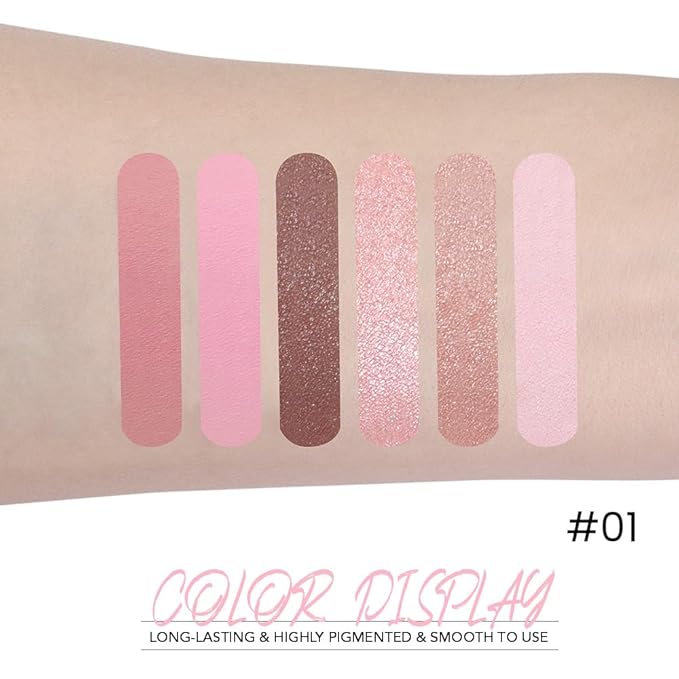 6-Color Pink Champange Brown Matte & Shimmer Eyeshadow Palette with Mirror – Highly Pigmented, Long-Lasting Eye Makeup for Artists & Creative Looks (01#