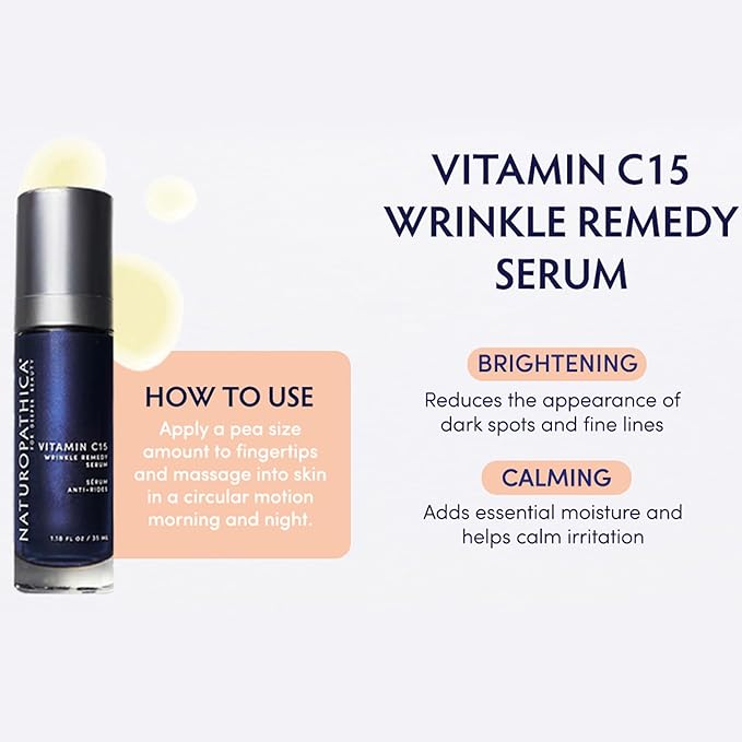 Naturopathica Vitamin C15 Wrinkle Remedy Serum for Face, Moisturizing Serum with Hyaluronic Acid, Anti-Aging Face Serum for Men and Women, 1.18 fl oz
