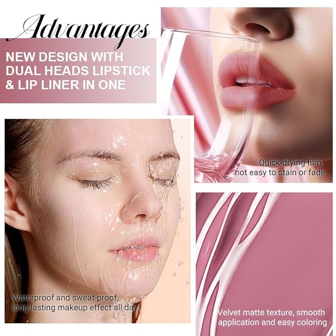 1Pcs 2 in 1 Neutral Mauve Matte Lip Liner and Liquid Lipstick Stain Makeup Set for women, Mauve Long Lasting Smudge Proof Lip Tint Matte Finish Lip Gloss for All-Day Color Hold Easy to Use 34#