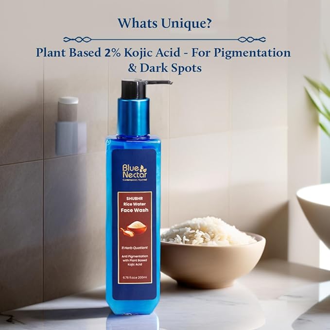 Blue Nectar Rice Water Face Wash with 2% Kojic Acid for Pigmentation | Face Cleanser for Oily, Dry & Sensitive Skin | Face Wash for Women & Men (11 Herbs, 6.76 Fl Oz)