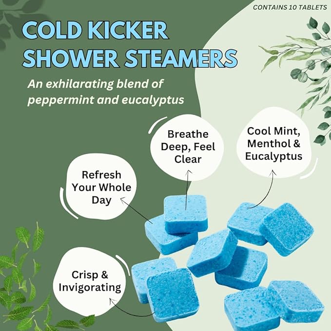 Cold Kicker Shower Steamers Aromatherapy for Sinus Relief - Adult Stocking Stuffer Christmas Gift - USA Made - Peppermint & Eucalyptus Shower Bomb Tablets - Soothing Natural Essential Oils (10 Pack)
