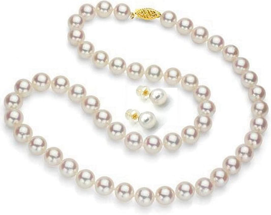 Lily Treacy Japanese Akoya Pearl Necklace Strand 14K gold clasp 18" w/Stud Earrings 18K gold post Set Bridal Gift 7-7.5mm