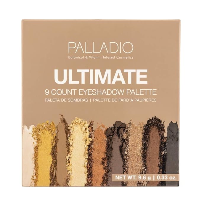 Palladio Ultimate 9-Count Eyeshadow Palette, Talc-Free Formula, High Pigmented Shades in A Mix of Matte & Shimmer Finishes, Blendable Long Lasting Colorful Professional-Grade Makeup (Golden Sands)