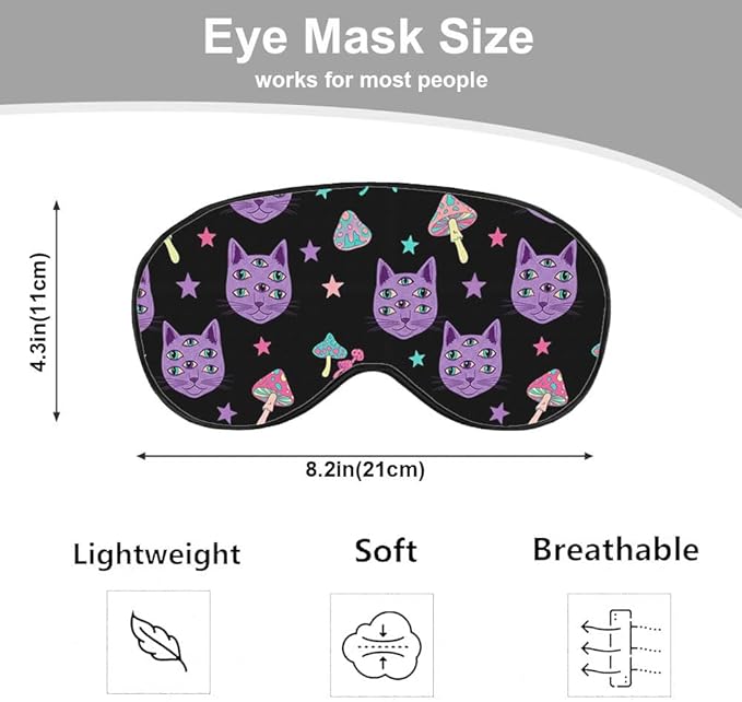 Cat Mushrooms Silk Eye Mask Sleep Mask Bright Psychedelic Cat Halloween Black Eye Mask with Adjustable Strap Lightweight for Women Work Travel Night Sleep