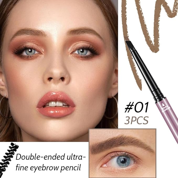 3 Pcs Dark Brown Eyebrow Pencils for Women,with Spoolie Brush,Eyebrow Pencil Soft Textured,Waterproof Sweat-proof for Fills in Sparse Areas and Gaps Create a Natural Eye Brow,Vegan & Cruelty-Free