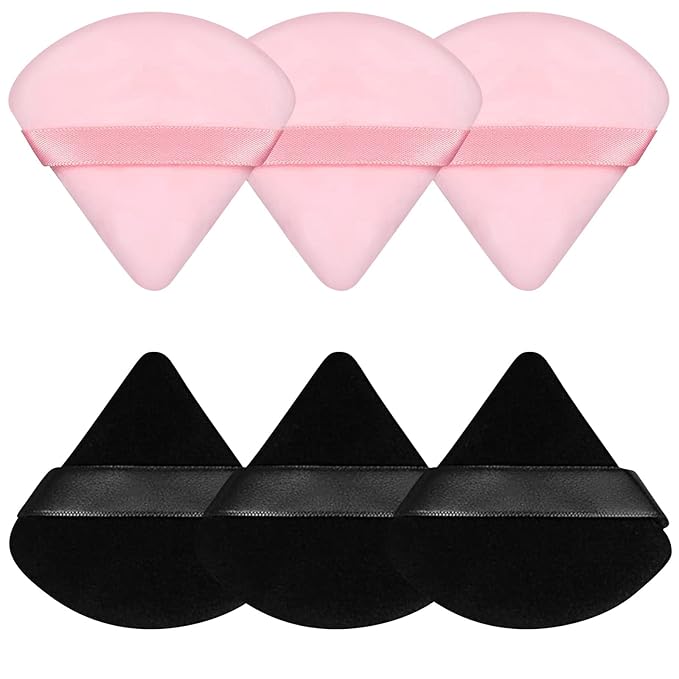 Pimoys 6 Pieces Powder Puff Face Makeup Sponge Soft Velour Triangle Powder Puffs Beauty Sponge Stocking Stuffers for Loose Powder (Black, Pink)
