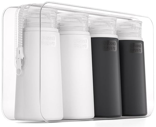 Valourgo TSA Approved 3.4oz Portable Toiletry Bottles, BPA Free Leak Proof Refillable Travel Accessories with Clear Toiletry Bag, Black, White
