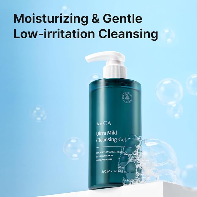 AVCA Ultra Mild Cleansing Gel Face Wash 300 mL (10.14 fl oz) - Gentle Hydrating Cleanser, Hyaluronic Acid & Niacinamide, Heartleaf Extract, Low-Irritation Foaming Rinse