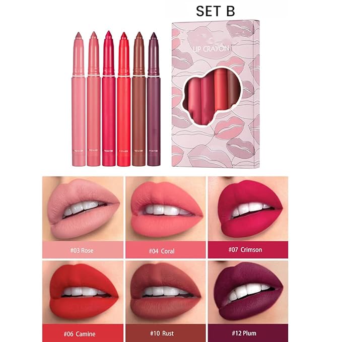 12 Colors Crayon Lipstick Set, Non-Fading Non-Stick Cup Matte Lipstick Pen Waterproof Long Lasting Velvet Lipstick Pencil Lip Liner (Set A + Set B)