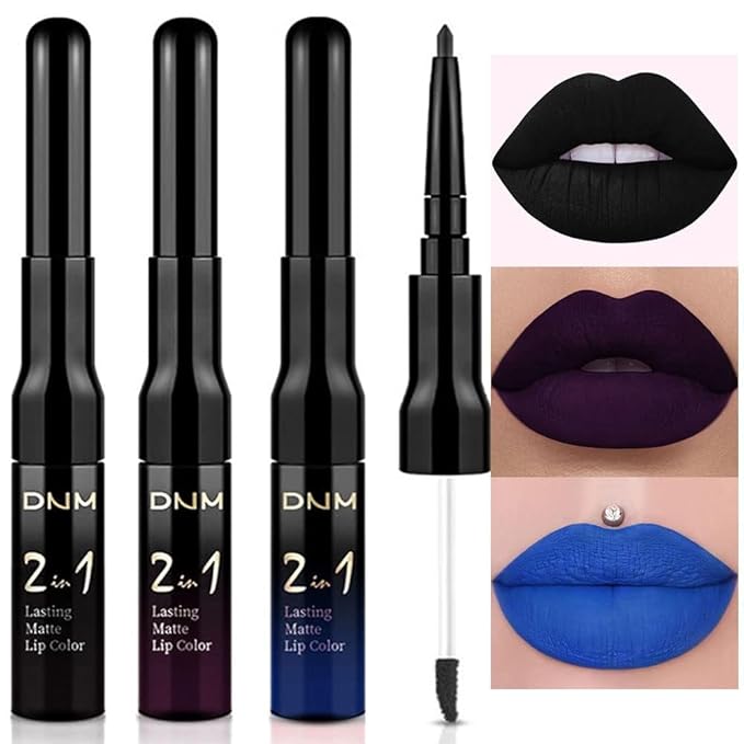 3Pcs 2 in 1 Dark Black Purple Royal Blue Lip Liner and Liquid Lipstick Stain Makeup Set for women, Long Lasting Smudge Proof Lip Tint Matte Finish Lip Gloss for All-Day Color Hold Easy to Use, Set07