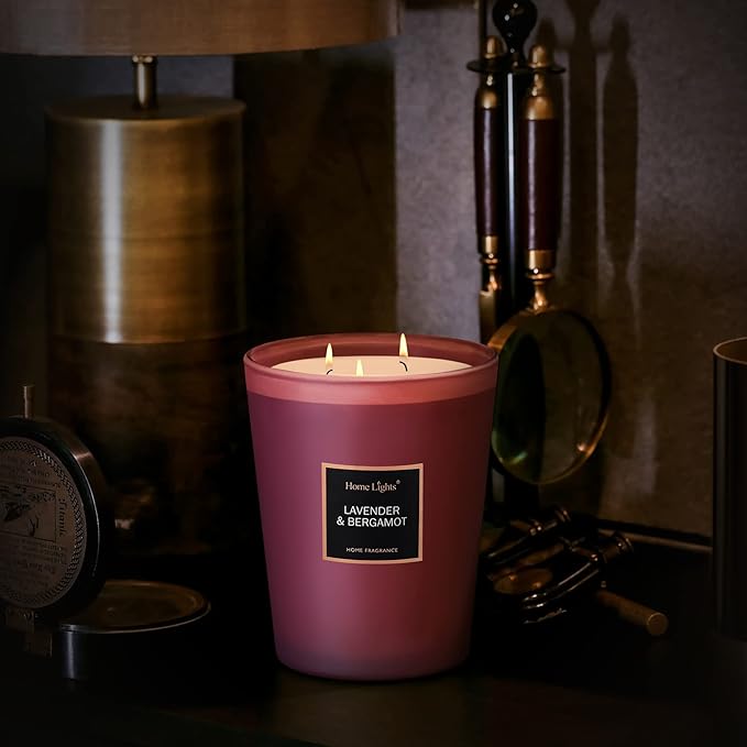HomeLights Highly Scented Soy Candles Big 33.3 oz for Home. 3 Cotton Wicks, Smokeless Long Lasting 130 hrs in Lavender & Bergamot. 5x6, Great Gift for Women & Men