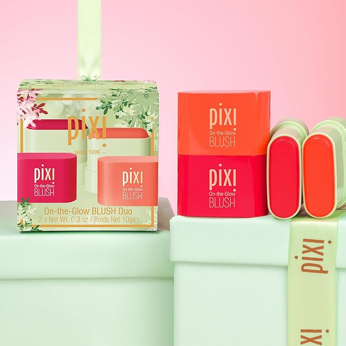 Pixi Beauty On-the-Glow Mini Blush Duo Holiday Ornament Gift Set | 2X Petite Size On-the-Glow Blush Sticks | Shades Ruby and Juicy