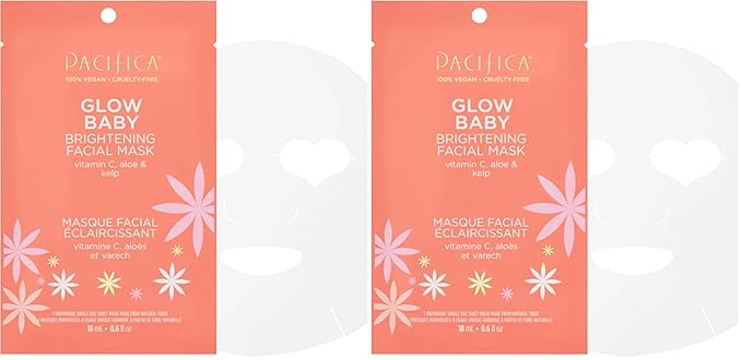 Pacifica Beauty, Glow Baby Brightening Face Mask, Sheet Mask, Skincare, Vitamin C, Aloe, Kelp, Brightening, Glowing Skin, Dullness, Fine Lines, Dark Spots, Dry Skin, Vegan & Cruelty Free (Pack of 2)
