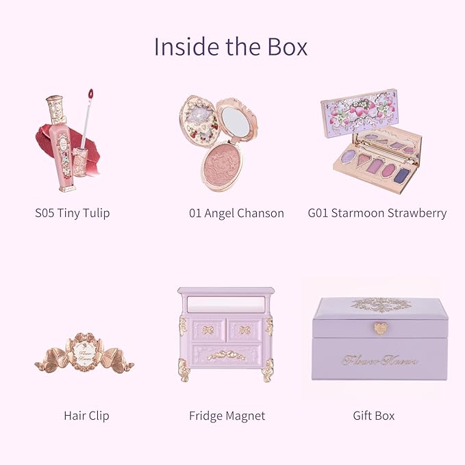 Flower Knows Strawberry Rococo Makeup Box Set,6 Pack Makeup Box with Mirror,Lip Gloss×1+Blush×1+Eyeshadow×1+Hair Clip×1+Fridge Magnet×1+Gift Box×1
