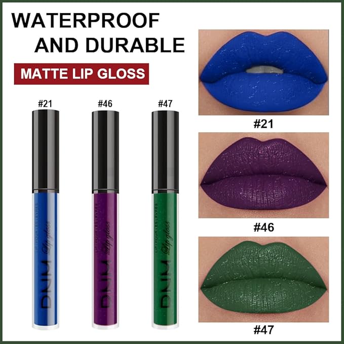 AMY'S DIARY Blue Green Dark Purple Matte Plum Liquid Lipstick 3Pcs Sets,24-hour Lipstick Long Lasting Permanent L Magic Lipstick Waterproof Lip Stain 24 Smudge Waterproof for Women (Set21)