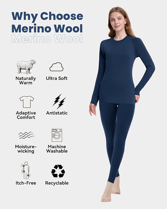 Women's 100% Merino Wool Base Layer Sets - Light and Midweight Thermal Underwear Gifts Pack with Wool Beanie