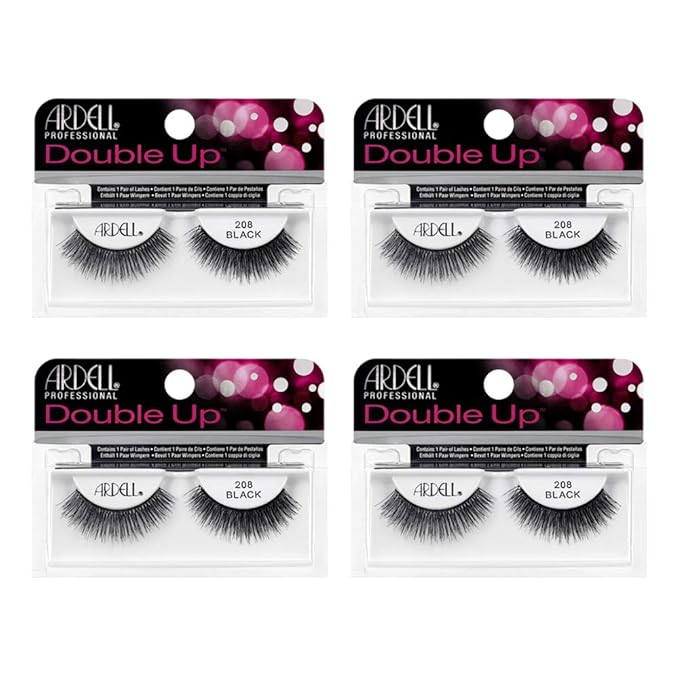Ardell False Eyelashes Double Up 208 - Black, Dramatic Volume, Full Strip, Flared & Thick Lashes for a Bold Look, 4 Pack