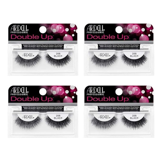 Ardell False Eyelashes Double Up 208 - Black, Dramatic Volume, Full Strip, Flared & Thick Lashes for a Bold Look, 4 Pack