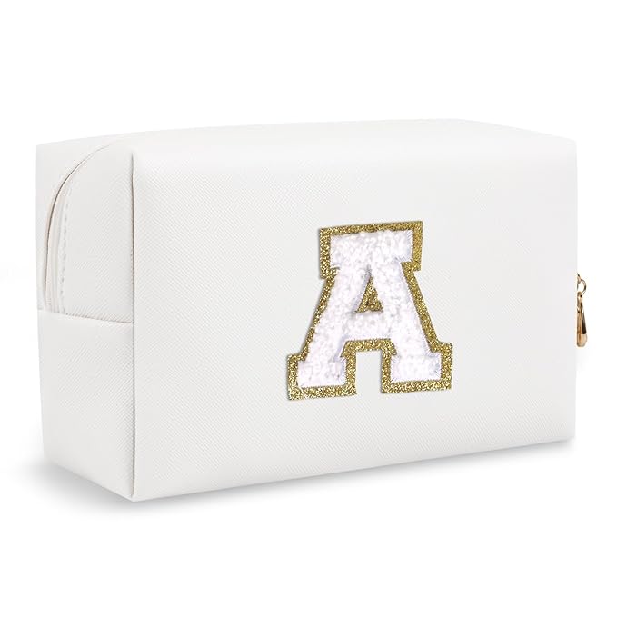 Small Personalized Initial A-Z Preppy Patch Makeup Bag,White PU Chenille Letter Travel Cosmetic Pouch with Zipper,Cute Toiletry Bag,Gift Ideal for Teen Girls Women Teacher Bridesmaid,Letter A