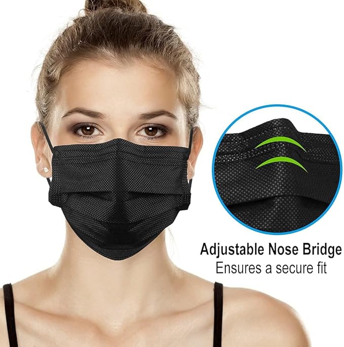 1000pcs Bulk Black Disposable Face Mask for Adults (20 Package X 50pcs), 3-Ply Solid Breathable Earloop Full Face Protection