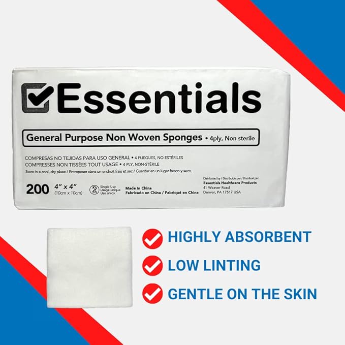 Essentials Non-Sterile Gauze Sponges - 200 Count (Pack of 2), 4-Ply, 4'' x 4'' Pads, Non-Woven - Wound Care Product for First Aid Kit/Medical Facilities