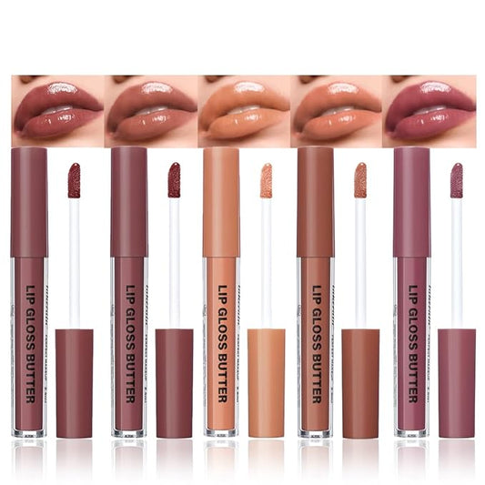 5Pcs Nourishing Lip plumper Gloss, Brown Moisturizing High Shine Nude Lip Glow Oil, Long Wear Hydration Mini Liquid Lipstick Makeup, Fresh Lightweight Glossy Plumping Lip Gloss, Cruelty-Free